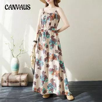 Платье с цветочным принтом на бретельках, летнее богемное пляжное платье для отдыха на берегу моря, хлопковое и льняное длинное платье больших размеров One Size