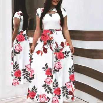 Платье с цветочным принтом, обтягивающая талия, короткий рукав, длинное женское платье XL