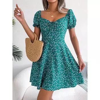 Платье с цветочным принтом, платье с коротким рукавом, женское повседневное платье с оборками, трапециевидным платьем с коротким рукавом и цветочным принтом, платье с цветочным принтом, платье с цветочным принтом S зелёный