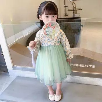 Платье с цветочным принтом в китайском стиле для девочек, сетчатое пышное платье, лоскутное платье 110