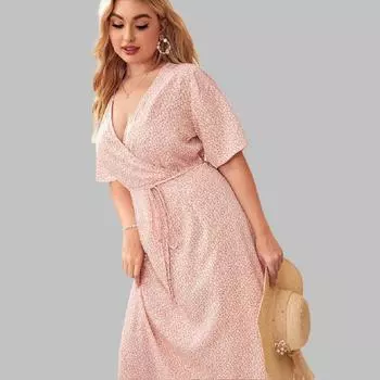 Платье с цветочным принтом в стиле бохо для женщин, длинное платье с v-образным вырезом и короткими рукавами и завязкой на талии, повседневное модное платье для работы и отпуска, дышащее легкое платье размера плюс