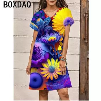 Платье с цветочным принтом в стиле ретро, 3D, свежее, симпатичное, большого размера 6XL, летнее, с коротким рукавом, V-образным вырезом, повседневное, А-силуэтное платье, Vestidos S