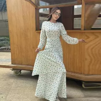 Платье с цветочным принтом Женские макси-платья с длинным рукавом Элегантное вечернее длинное платье Мусульманская абайя Дубай Турция Женская одежда S белый