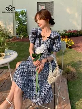 Платье с цветочным принтом, женское летнее французское элегантное платье с рукавами-пузырьками, женское летнее повседневное платье S синий