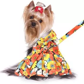 Платье с цветочным рисунком для домашних животных и поводком с подсолнухом, большой бант, волшебные наклейки, одежда для щенков, летние наряды для домашних животных S