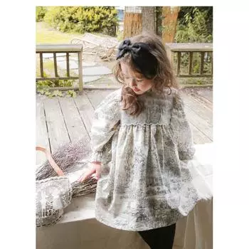 Платье с длинным рукавом для девочек 2024 года, осеннее новое детское платье принцессы с кружевной вышивкой и пейзажем 90cm серый