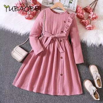 Платье с длинным рукавом для девочек, детская одежда, весна-осень, трикотажные платья с открытой грудью для детей от 5 до 12 лет 150 красный