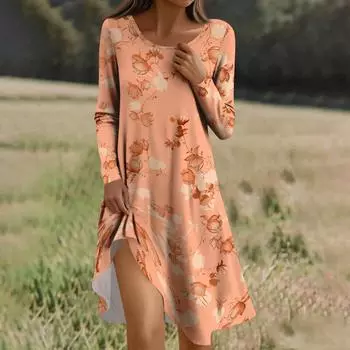 Платье с длинным рукавом для женщин, повседневное, свободного кроя, с принтом, с карманами M оранжевый