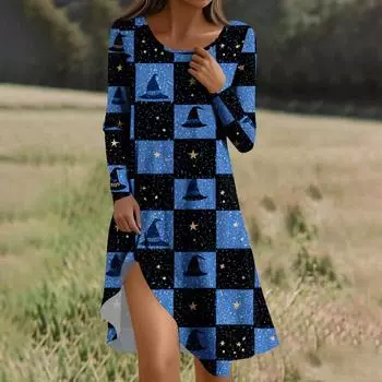 Платье с длинным рукавом для женщин, повседневное, свободного кроя, с принтом, с карманами M синий