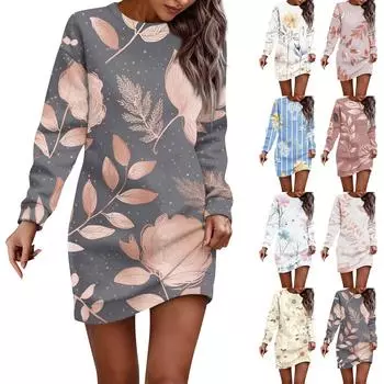 Платье с длинным рукавом для женщин, повседневное пуловер с принтом, платье-свитер, осень L бежевый