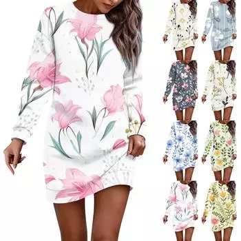 Платье с длинным рукавом для женщин, повседневное пуловер с принтом, платье-свитер, осень L бежевый