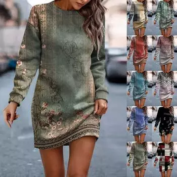 Платье с длинным рукавом для женщин, повседневное пуловер с принтом, платье-свитер, осень S красный