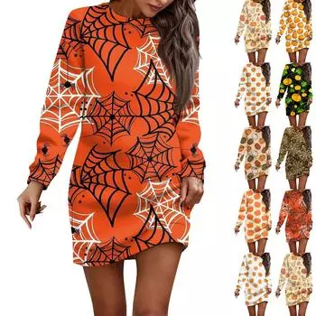 Платье с длинным рукавом для женщин, повседневный пуловер с принтом на Хэллоуин, платье-свитер, осень XXXL оранжевый