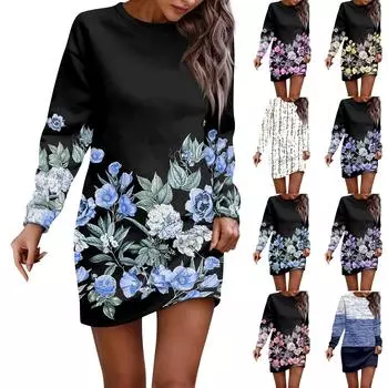 Платье с длинным рукавом для женщин, повседневное пуловер с принтом, платье-свитер, осень L синий