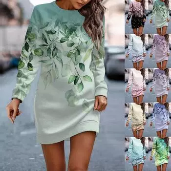 Платье с длинным рукавом для женщин, повседневное пуловер с принтом, платье-свитер, осень L чёрный