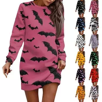 Платье с длинным рукавом для женщин, повседневный пуловер с принтом на Хэллоуин, платье-свитер, осень L синий