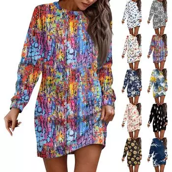 Платье с длинным рукавом для женщин, повседневное пуловер с цветочным принтом, платье-свитер, осень L бежевый