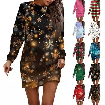 Платье с длинным рукавом для женщин, повседневное рождественское пуловер с принтом, платье-свитер, осень XXXL чёрный