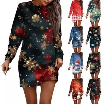 Платье с длинным рукавом для женщин, повседневное рождественское пуловер с принтом, платье-свитер, осень M тёмно-синий