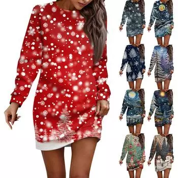 Платье с длинным рукавом для женщин, повседневное рождественское пуловер с принтом, платье-свитер, осень M белый