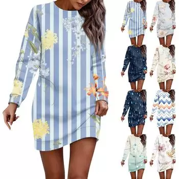 Платье с длинным рукавом для женщин, повседневное пуловер с принтом, платье-свитер, осень L бежевый