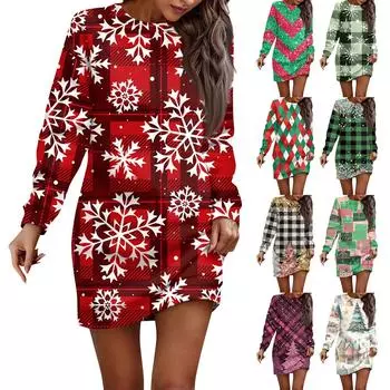 Платье с длинным рукавом для женщин, повседневное рождественское пуловер с принтом, платье-свитер, осень M
