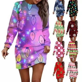 Платье с длинным рукавом для женщин, повседневное рождественское пуловер с принтом, платье-свитер, осень L красный