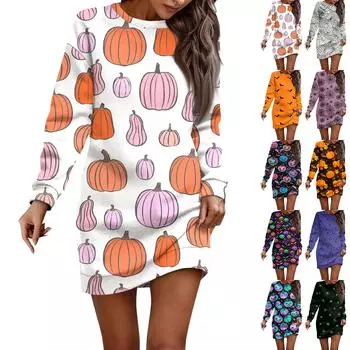 Платье с длинным рукавом для женщин, повседневный пуловер с принтом на Хэллоуин, платье-свитер, осень L синий