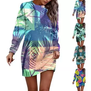 Платье с длинным рукавом для женщин, повседневное пуловер с принтом, платье-свитер, осень L синий