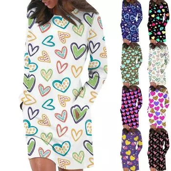 Платье с длинным рукавом для женщин, повседневный пуловер с принтом, платье-свитер, осень L синий