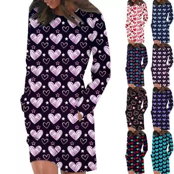 Платье с длинным рукавом для женщин, повседневный пуловер с принтом, платье-свитер, осень L синий