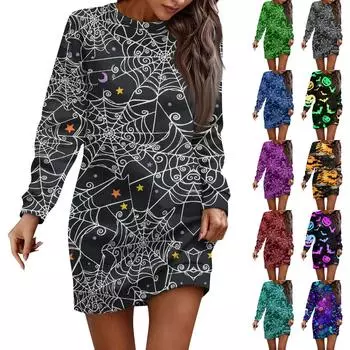 Платье с длинным рукавом для женщин, повседневный пуловер с принтом на Хэллоуин, платье-свитер, осень XXXL оранжевый