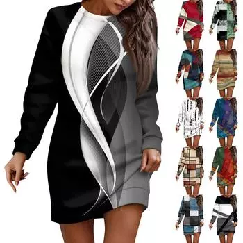 Платье с длинным рукавом для женщин, повседневное пуловер с цветочным принтом, платье-свитер, осень L