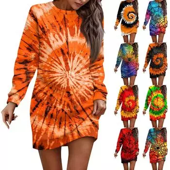 Платье с длинным рукавом для женщин, повседневный пуловер с принтом на Хэллоуин, платье-свитер, осень L синий