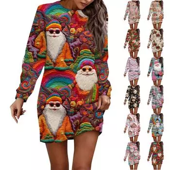 Платье с длинным рукавом для женщин, повседневное рождественское пуловер с принтом, платье на бедрах, платье-свитер XXL хаки
