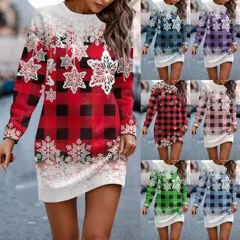 Платье с длинным рукавом для женщин, повседневное рождественское пуловер с принтом, платье-свитер, осень L синий