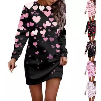 Платье с длинным рукавом для женщин, повседневное пуловер с принтом, платье-свитер, осень L чёрный