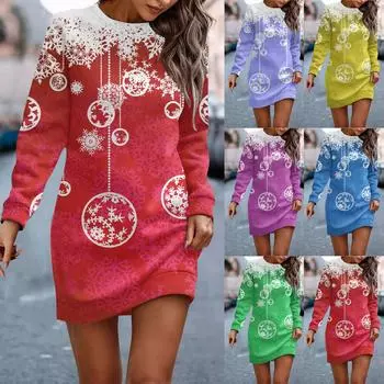 Платье с длинным рукавом для женщин, повседневное рождественское пуловер с принтом, платье-свитер, осень L синий