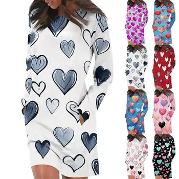 Платье с длинным рукавом для женщин, повседневный пуловер с принтом, платье-свитер, осень L синий