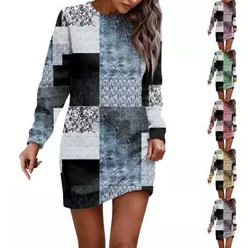 Платье с длинным рукавом для женщин, повседневное пуловер с принтом, платье-свитер, осень L синий