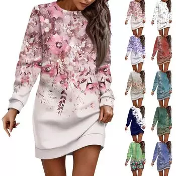 Платье с длинным рукавом для женщин, повседневное пуловер с цветочным принтом, платье-свитер, осень L армия зеленый