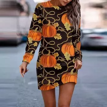 Платье с длинным рукавом для женщин, повседневное платье-свитер с принтом на Хэллоуин XXL шафрановый