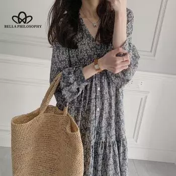 Платье с длинным рукавом и принтом во французском стиле, женское повседневное длинное платье с оборками Хепберн S синий