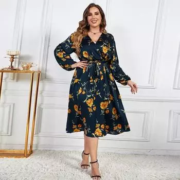 Платье с длинным рукавом и v-образным вырезом с цветочным принтом для женщин, тонкое, удобное и дышащее платье с высокой талией, повседневное длинное платье больших размеров для пляжного отдыха 2XL