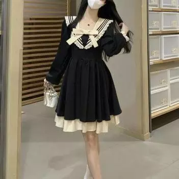 Платье с длинным рукавом и воротником темно-синего цвета, осеннее женское пышное платье, черная юбка XXXXXL чёрный