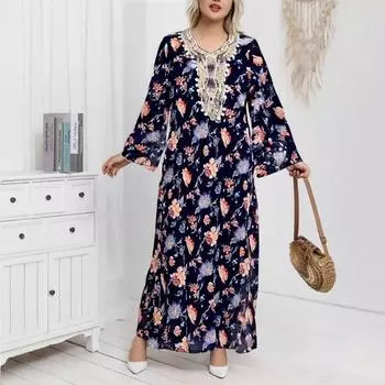 Платье с длинным рукавом, свободное женское платье с принтом, этническое кружевное платье с расклешенными рукавами XL чёрный