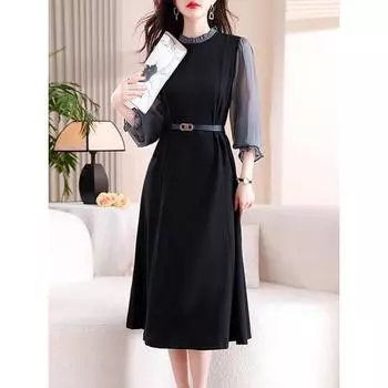 Платье с длинным рукавом, женская осенняя одежда 2025 года, новинка начала осени, кофейный перерыв, французский стиль Хепберн, темперамент, облегающее маленькое черное платье M чёрный