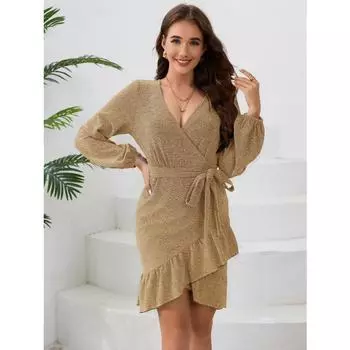 Платье с длинным рукавом, женское сексуальное платье с V-образным вырезом и оборками, нестандартное платье S синий