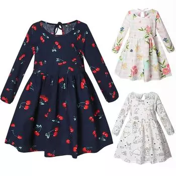 Платье с длинными рукавами для девочек, платья с цветочным принтом для детей, детское платье принцессы, детское платье на день рождения, От 1 до 8 лет, весенне-осенняя одежда 90 белый