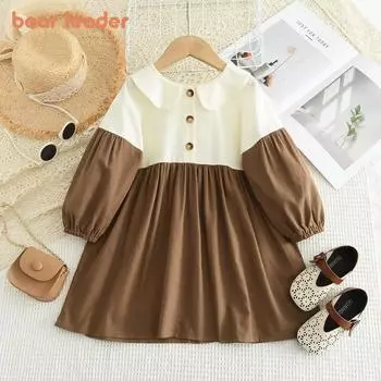 Платье с длинными рукавами для девочек Bear Leader 3-7 лет, хлопковые платья цвета хаки в стиле пэчворк QZ212 3T